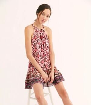 FREE PEOPLE | LYLA Red Floral Gauze High Neck Ruffle Hem Mini Dress | Medium